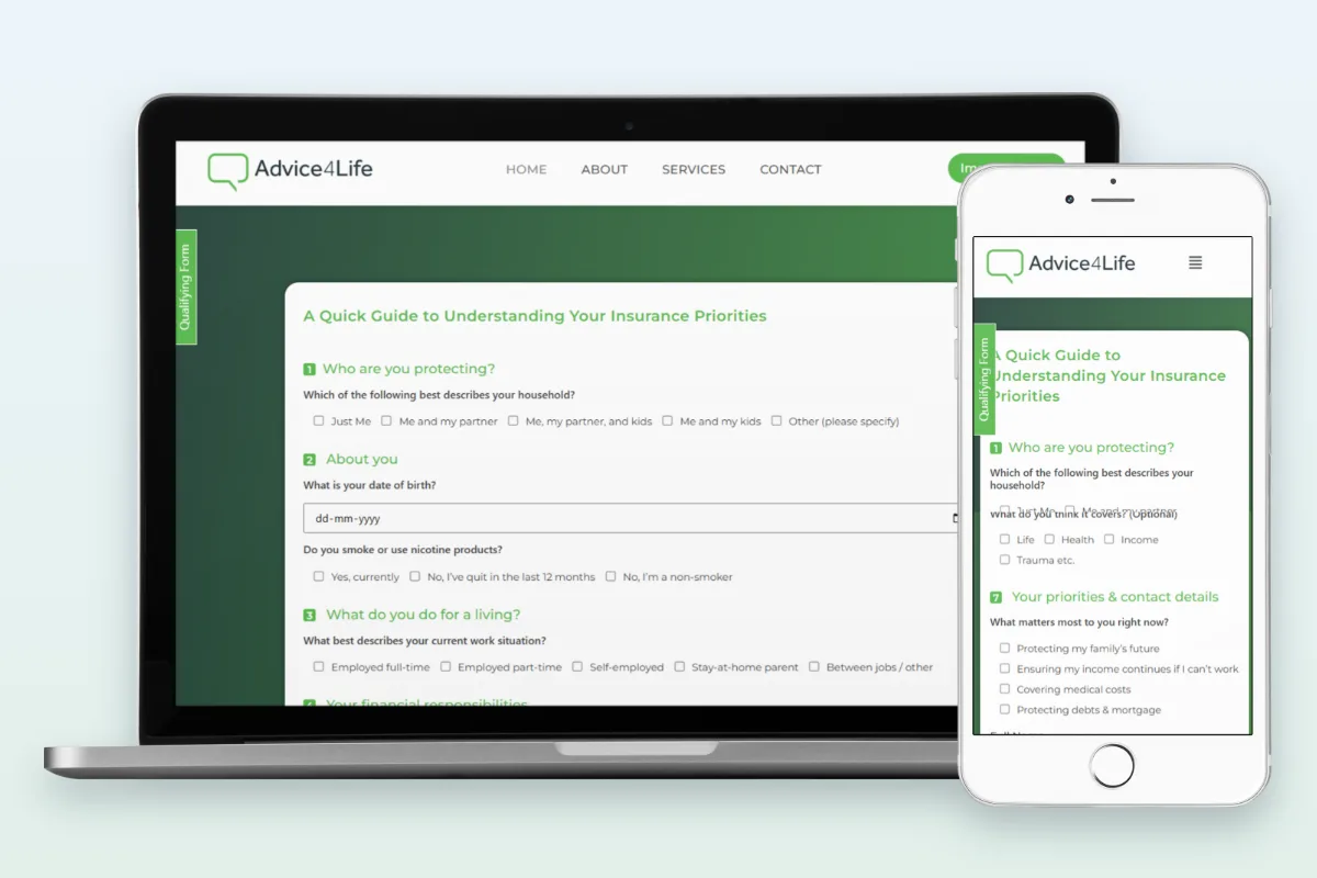 Advice4Life insurance advisory website with qualifying form built by Search Hive