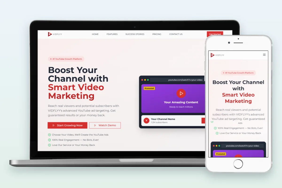 Vidflyy YouTube growth platform website designed by Search Hive